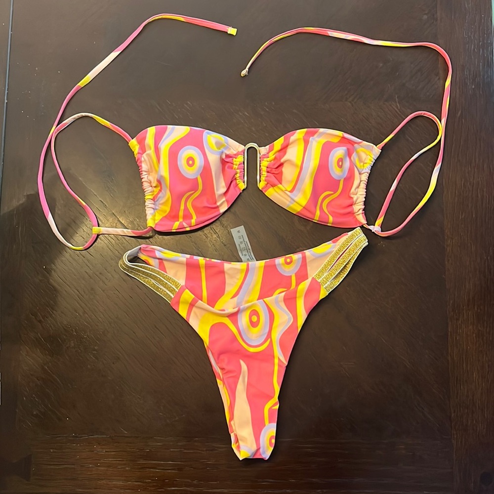SHEIN Printed Pink/Yellow/Purple/Peach/Gold Bikini Swimsuit Size M